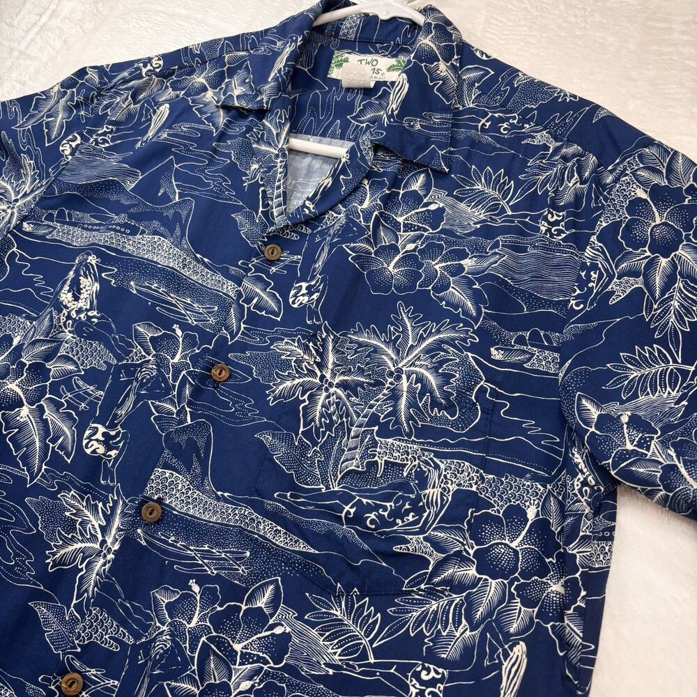 VTG Two Palms Hawaii MED Blue Seaplane Hula Girl Palms Rayon Aloha Shirt Made HI
